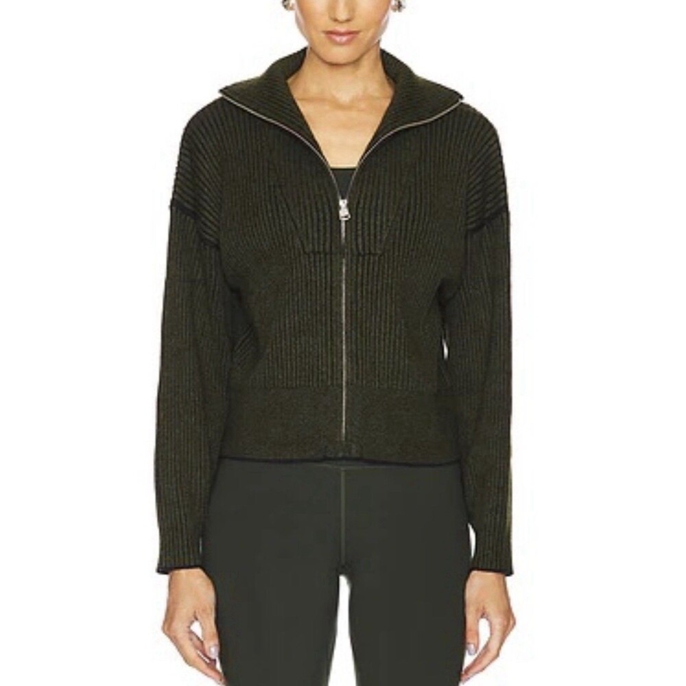Varley Carmen Ribbed Knit Mockneck Full-zip Sweater Dark Olive Green Women sz S